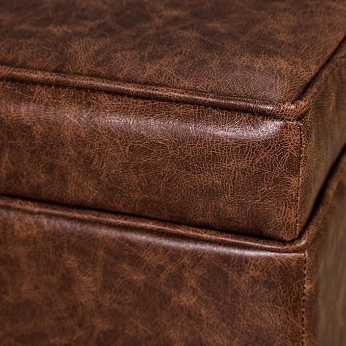 Adeco 17-inch Tufted Faux Leather Storage Ottoman, Square Footrest Stool with Hinged Lid and Solid Wood Legs, Small Accent Foot Stool for Living Room & Bedroom, Dark Brown