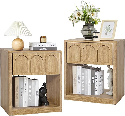 Small Nightstand Set of 2 with Storage, Accent Bedside Nightstand with Drawer, Mid Century Modern Bedroom Bed Side Table for Small Spaces, Dorm, Living Room, Couch Sofa Chair - Natural