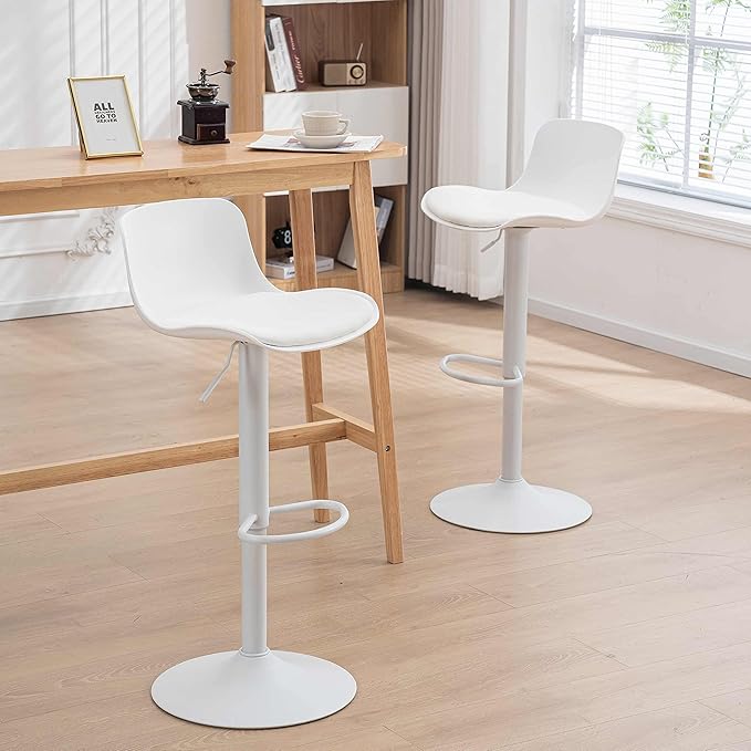 YOUTASTE Modern White Bar Stools Set of 2, Adjustable Swivel Counter Bar Chairs with PU Leather Upholstered Seat, Sturdy Metal Base, Perfect for Kitchen Island, Dining, or Home Bar