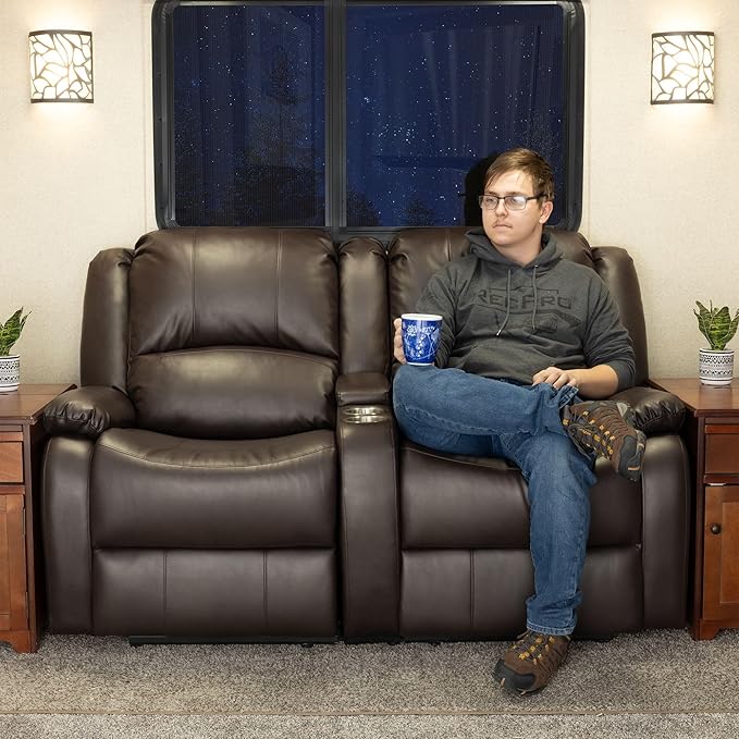 RecPro Charles 64" Powered Recliner RV Sofa with Console and Cupholders | Zero Wall Loveseat for Camper | Wall Hugger Couch with 2023 Updated Fabric (Chestnut)