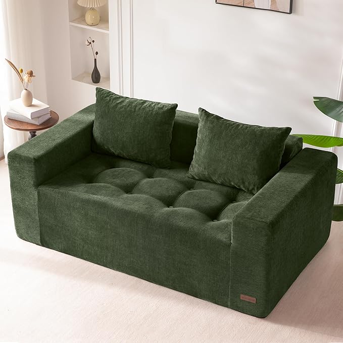 MAXYOYO Modular Sofa Couch, 61" Loveseat Boneless Cloud Couch with Deep Seat, Chenille Upholstered Living Room Sleeper Sofa Chair for Living Room, No Assembly Required, Dark Green