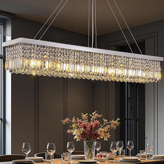 59-inch Modern Crystal Chandelier,13-Light K9 Crystal Rectangle Chandelier for Dining Room,Kitchen Island Adjustable Hanging Pendant Light Fixture,Chrome Finish