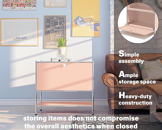 Metal Sidetable with Flap Door, 27.5" Height - DIY Modern Furnishing for Home, Office, Foyer, Bedroom - Night Stand, Book Shelf, Bookshelf, Cube Storage Organizer, Bedside Table (Matt Pink)