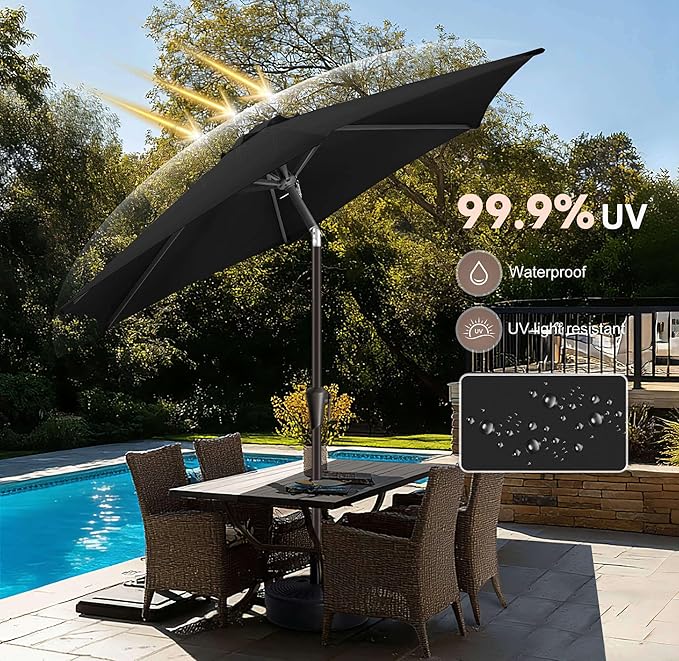 7.5FT Outdoor Patio Umbrella - Table Umbrella Waterprool UV Protection, Sombrillas de Patio with Push Button Tilt, Sun Umbrella for Pool, Porch, Garden, Deck, Backyard (Black)