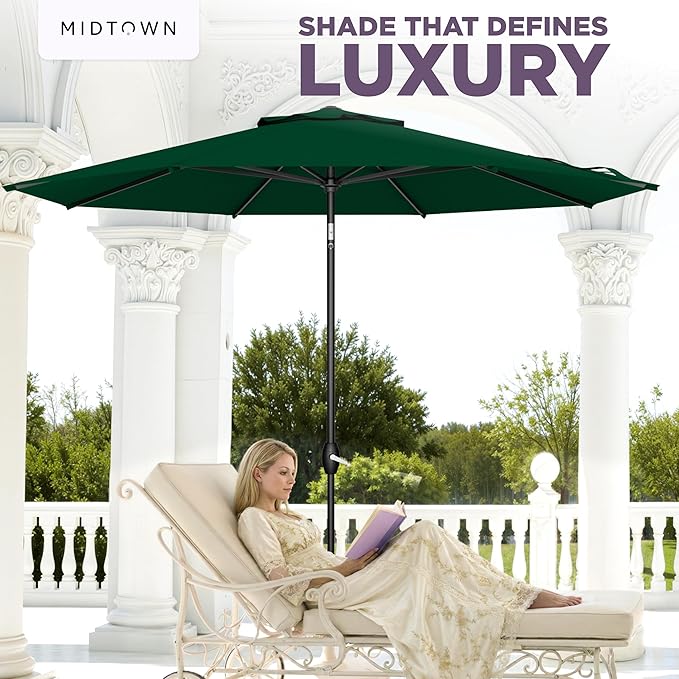 Midtown Umbrellas - The Lean 9 Ft Patio Umbrella with Fade-Resistant Sunbrella Fabric, Auto-Tilt Aluminum Frame and 8 Reinforced Ribs for Deck, Pool & Garden - Forest Green Canopy, Black Pole