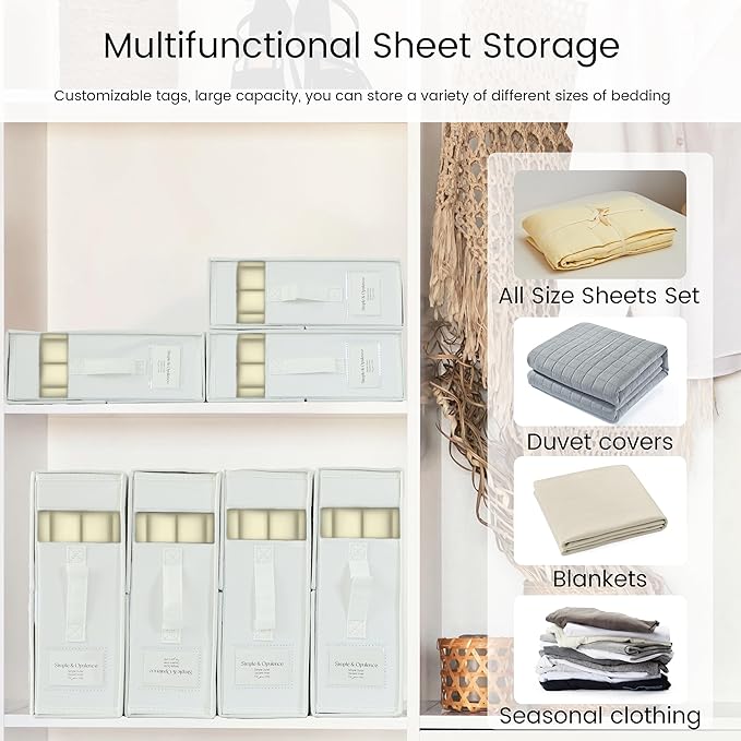 Simple&Opulence 4 Pack Bed Sheet Organizers and Storage, Linen Closet Organizers, Sheets Set Folder Storages with Window and Label (Queen/King Size) Organizing Bedding Container, White