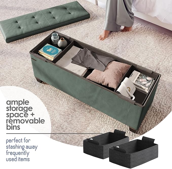 Storage Ottoman Bench with Bins, 43-in Storage Bench for Bedroom End of Bed, Folding Foot Rest Ottoman for Living Room Max 660lbs, Leather Ottomans, Green