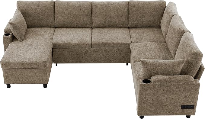 ERYE U Shaped Pull Out Sleeper Sectional Sofa Bed Modern Corner Convertible Sleeper Couch with Left Facing Storage Chaise, Cupholders, Charging Ports and Armrests Storage