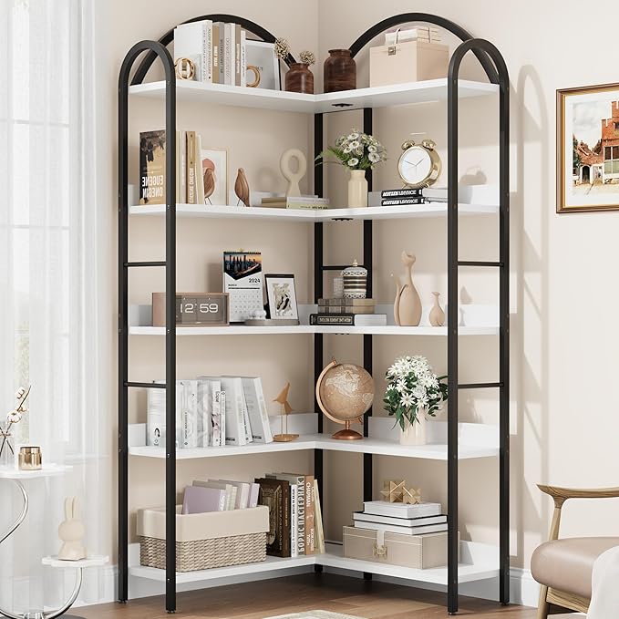 GarveeHome Arched Bookshelf Corner Bookcase, L Shaped Bookshelf Industrial Corner Bookshelves, Large Bookcase with Metal Frame, Corner Shelf Arch Display Rack for Living Room Bedroom