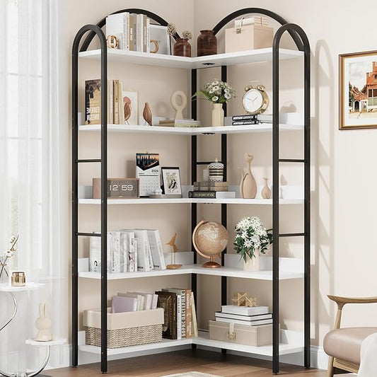GarveeHome Arched Bookshelf Corner Bookcase, L Shaped Bookshelf Industrial Corner Bookshelves, Large Bookcase with Metal Frame, Corner Shelf Arch Display Rack for Living Room Bedroom