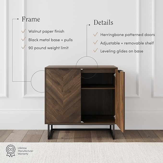 Nathan James Enloe Modern Sideboard Buffet Storage Accent Cabinet with Doors in a Rustic Walnut Finish and Black Matte Metal Base for Hallway, Entryway, Kitchen or Living Room, Walnut/Black
