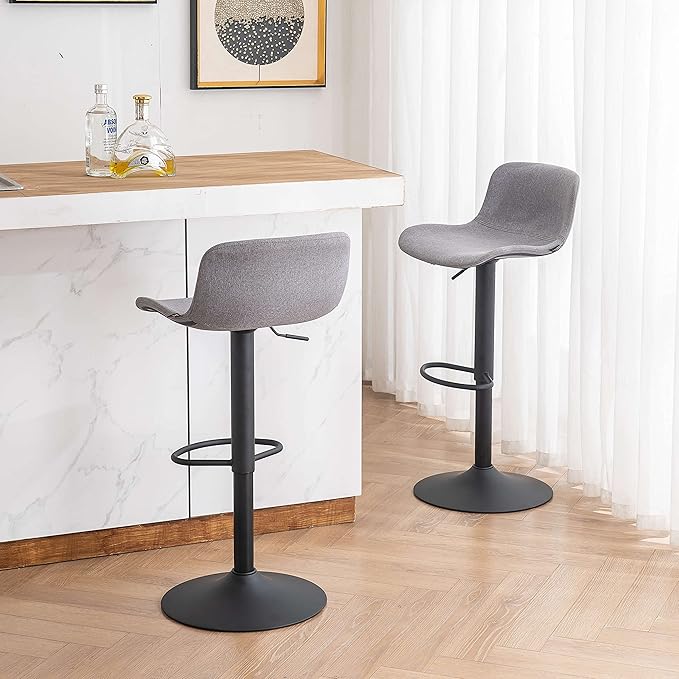 YOUTASTE Fabric Grey Bar Stools Set of 2, Modern Upholstered Counter Height Barstools, Adjustable Swivel Bar Stool with Black Metal Legs, Breakfast Bar Chairs for Kitchen Island Home Bistro
