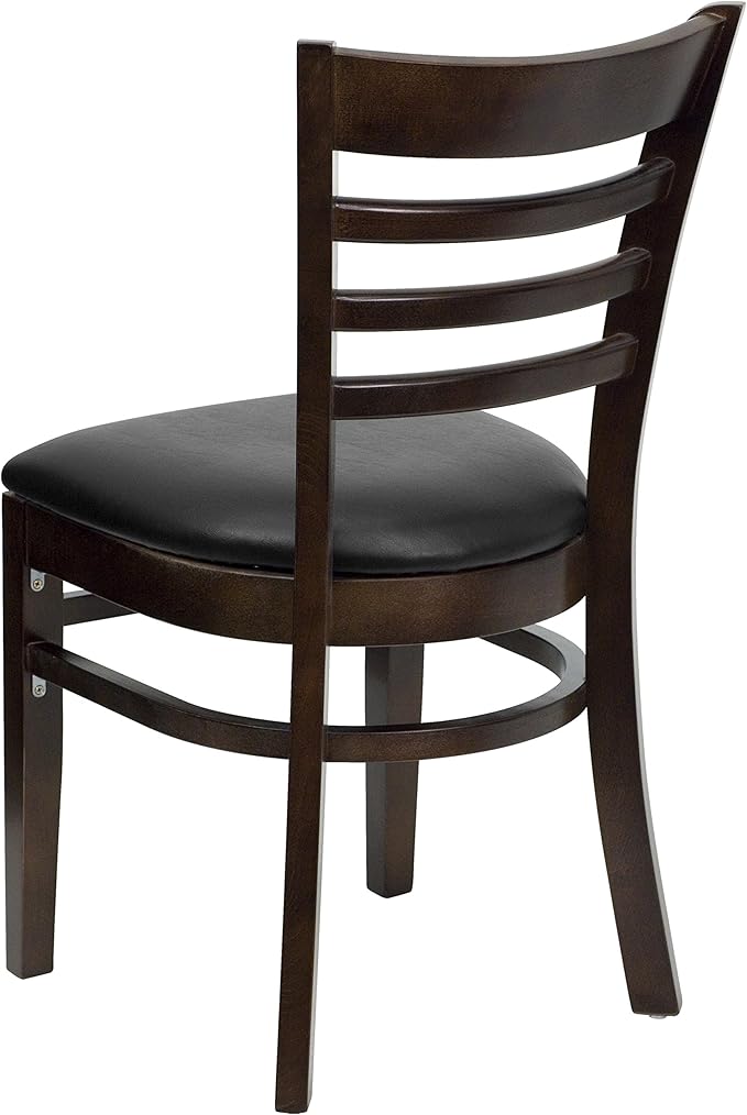 Flash Furniture HERCULES Series Ladder Back Walnut Wood Restaurant Chair - Black Vinyl Seat