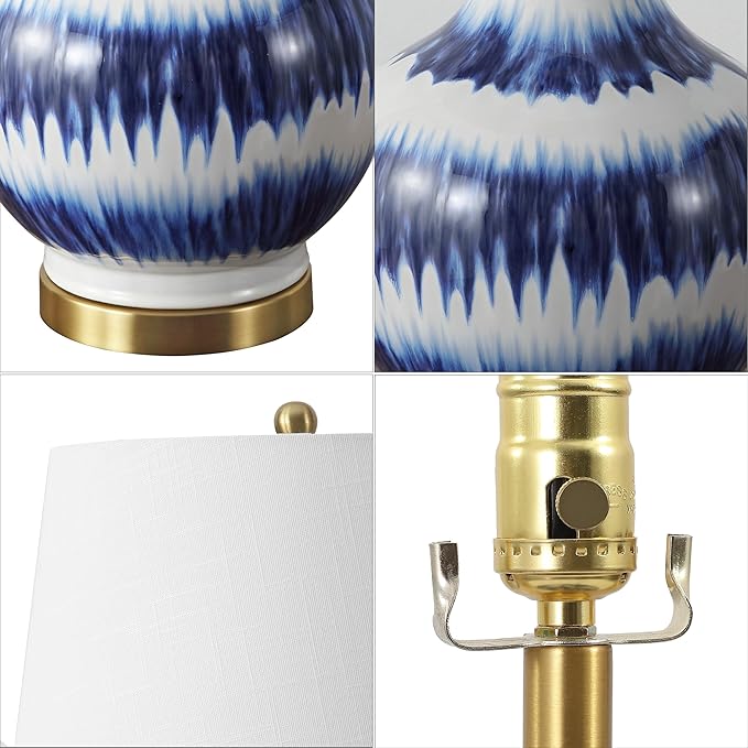 JONATHAN Y 30.5" Blue/White Striped Ceramic Table Lamp for Bedroom Living Room, Modern Coastal Bedside Lamp with Gold Base and White Linen Shade, LED Bulb Included (JYL3054B)