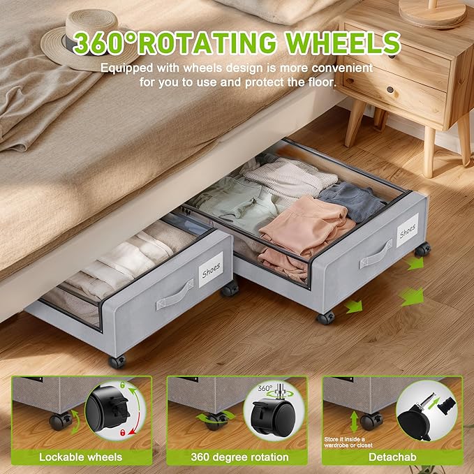Under Bed Storage with Wheels, 4-Pack Under the Bed Storage Containers with Clear Lids & Label, Underbed Storage Bins, XXL 60L Rolling Metal Drawer for Clothes, Shoes, Toys, Books - Gray