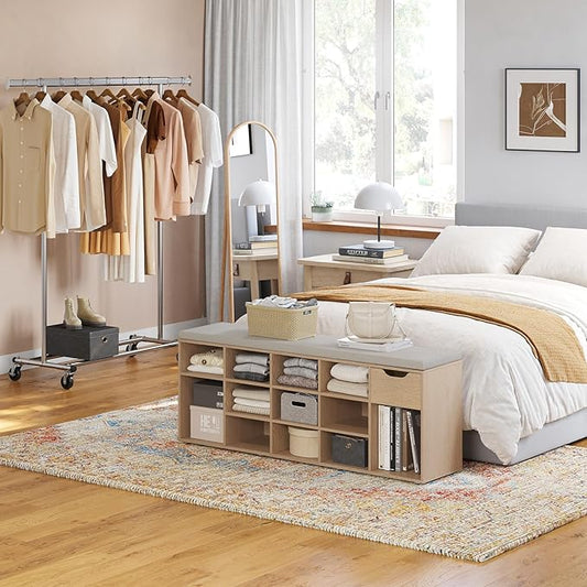 DINZI LVJ Shoe Bench, Entryway Storage Bench with Drawer and 14 Cubbies, Long Cubby Shoe Rack with Adjustable Shelves, Shoe Organizer for Living Room, Bedroom, Mudroom, Garage, Natural