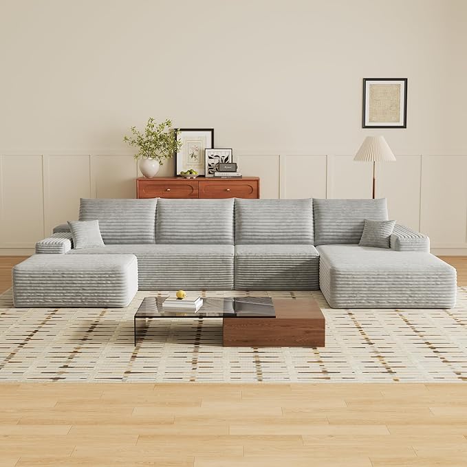 135" U Shaped Boneless Couch with Ottoman, Convertible Sleeper Compression Sofa, Corduroy Couch Sectional for Living Room Bedroom, Deep Seat Foam Cloud Sofas No Assembly, Right Facing Chaise, Grey