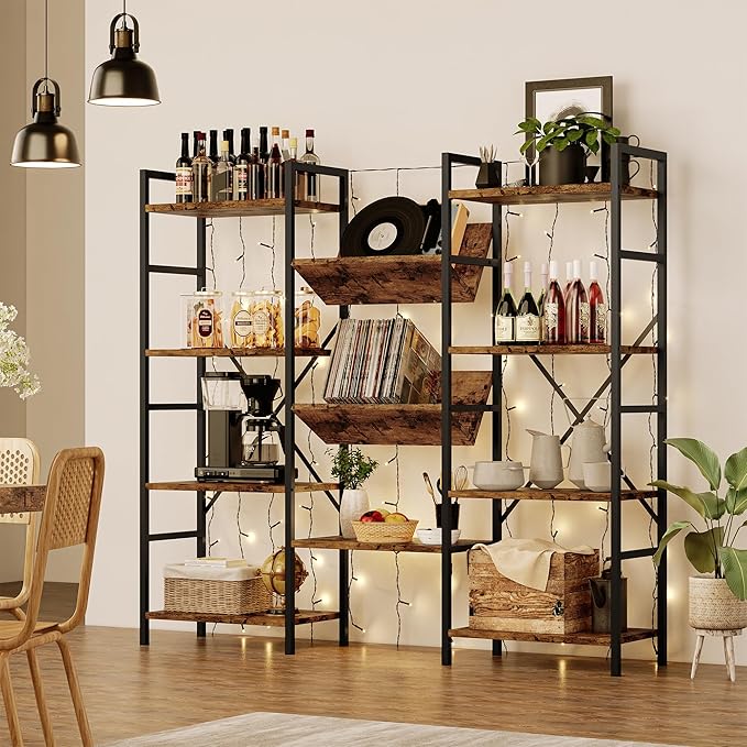 GAOMON Triple Wide 4 Tier Book Shelf, 54.3” Large Bookcase with 11 Open Shelves, Industrial Bookshelves and Bookcases with Metal Frame for Home Office, Study Room, Living Room-Rustic Brown
