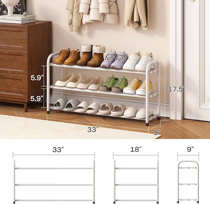 Shoe Rack for Closet, 3-Tier Expandable Closet Shoe Rack Metal Organizer, Heavy Duty Shoe Storage Shelf for Entryway, Doorway, Narrow Space