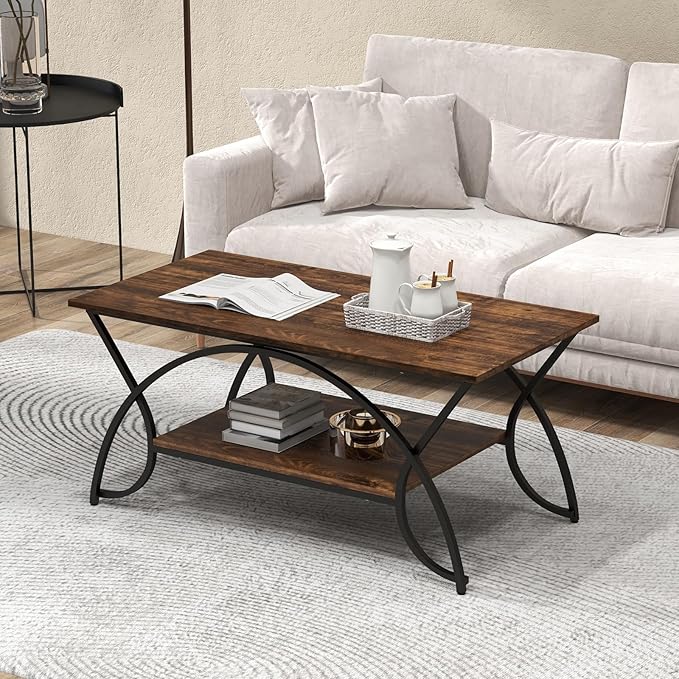 COSTWAY 2-Tier Coffee Table, Industrial Wood Accent Table with Storage Shelf and Black Finished Metal Frame, Chic Rectangular Side End Table for Living Room Office Lounge (Coffee)