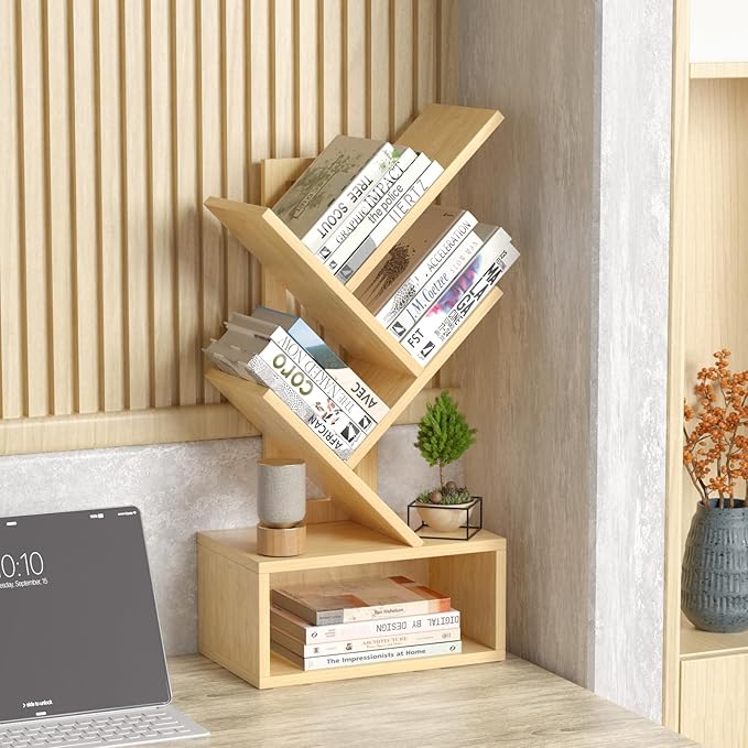 Small Tree Book Shelf,5 Tier Black Tree Bookshelf,Wood Desktop Bookcase,Modern Desk Display Storage Bookshelves,Floor Standing Organizer Bookcases for Living Room,Bedroom,Office