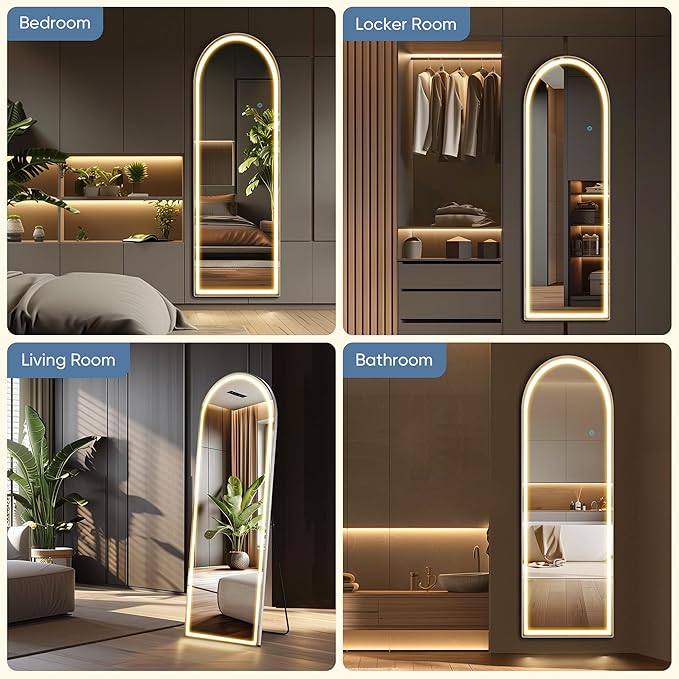 OLIXIS 20"×63" Arched Full Length Mirror with Light, LED Floor Full Body Mirror with 3 Color Lighting