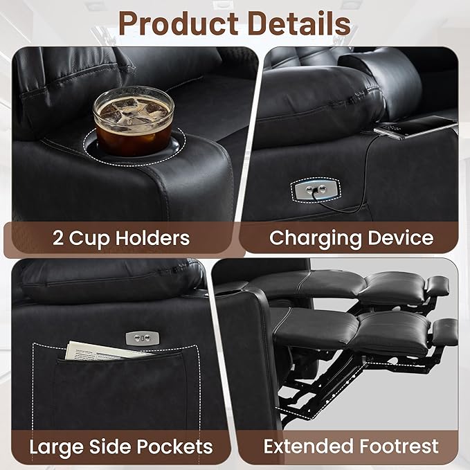 Power Reclining Sofa with Heat and Massage| RV Wall Hugger Recliner Sofa with Electric Tilt | RV 3 Seater Recliner Sofa for Living Room(Sofa Black) | 3 seater