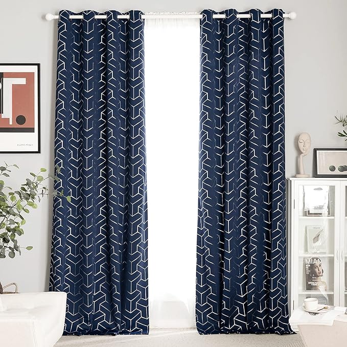 NICETOWN Blackout Curtains 63 inches Long for Bedroom, Thermal Insulated Solid Grommet Top Foil Printed Diamond Pattern Blackout Panels/Draperies for Boys Kid's Room (Navy, 1 Pair, 52 inch Width)