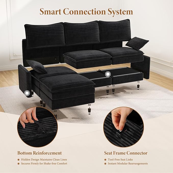 Vesgantti 101" V-Shaped Corner Couch Sectional, 7 Seat Customizable Modular Cloud Couches with Movable Ottoman, Corduroy Deep Seat Sofa Set with Chaise for Living Room, Bedroom and Apartment, Black | Sink-in Comfort, Height Adjustable, Easy Rearrangeme...