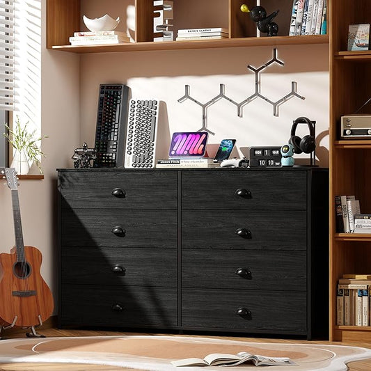 Furnulem Wide Dresser with 8 Fabric Drawers, TV Entertainment Center with Storage for 55'' TV, Large Chest of Drawers for Bedroom, Living Room, Dorm, Closet, Entryway, Wood Top (Black Oak)