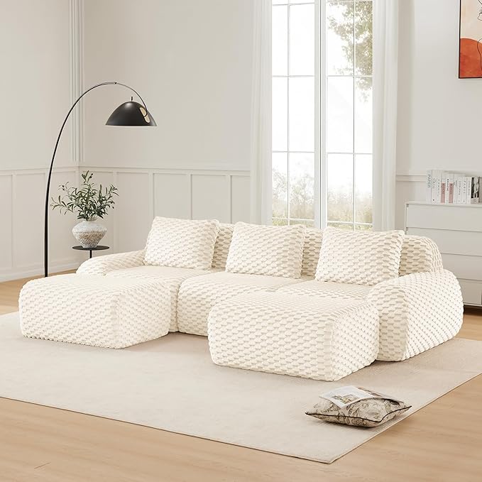 KEIKI 114" Oversized 3-Seater Boneless Couches for Living Room, Space Friendly Modular Sectional Velvet Sofa U-Shaped, Deep Seat Soft Lounge Couch No Assembly, Modern Comfort Design, Cream