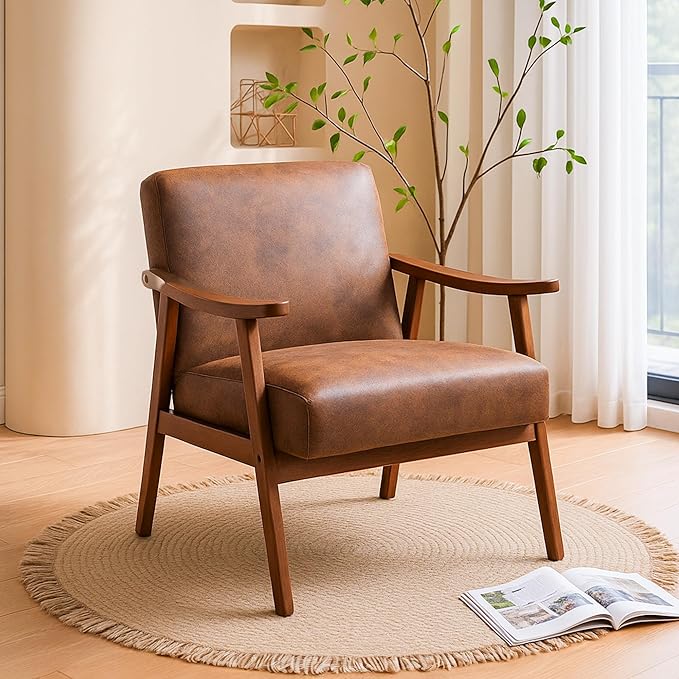 Accent Chair with Microfiber Upholstery and Solid Wood Frame, Classic Mid-Century Modern Living Room Furniture for Extra Seating, Light Brown