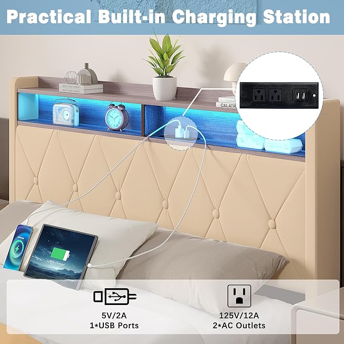 VECELO Velvet Queen Size Upholstered Bed Frame with Headboard, Sturdy Platform Queen Bed Frame with 3 Capacious Drawers, LED Light, Charging Station, USB Ports, Quiet, Easy Assembly, Beige