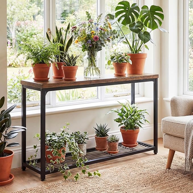 Console Table for Entryway, Narrow Entryway Table with Storage, Sofa Table with Mesh Shelves, Console Tables for Living Room, Bedroom, Hallway, Foyer (2 Tier, Rustic Brown, 47 inch)