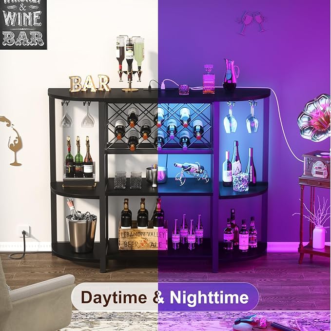 Unikito 4-Tier Metal Coffee Bar Cabinet with Outlet and LED Light, Freestanding Floor Bar Table for Liquor with Glass Holder and Wine Storage, Wine Table Bakers‘ Rack for Kitchen Dining Room, Black