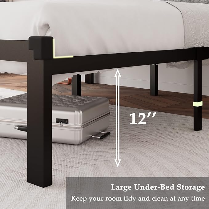 Feonase Full Size Metal Bed Frame with Faux Leather Button Tufted Headboard, Heavy-Duty Platform Bed Frame with 12" Storage, Steel Slats Support, No Box Spring Needed, Noise Free, Black