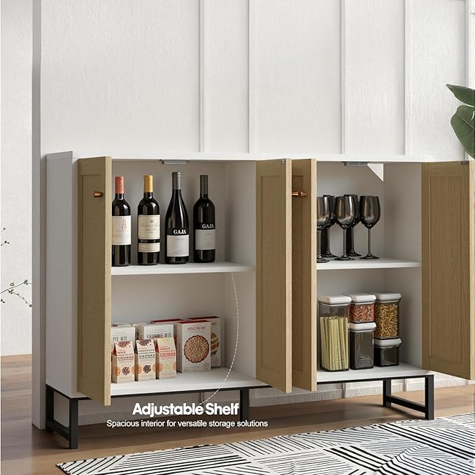 Panana Sideboard Accent Storage Cabinet with Rattan Decorated 4 Doors Dining Room Freestanding Kitchen Buffet Table Cupboard (White)