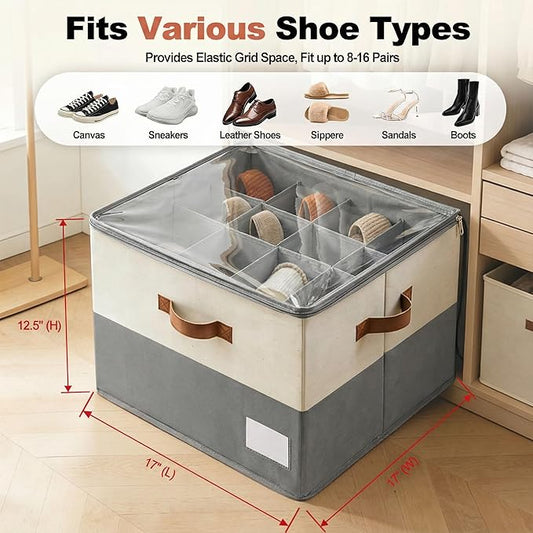 Shoe Organizer for Closet, Foldable Shoe Rack with Clear Cover, Adjustable Dividers for 16 Pairs, Storage Cubby for Wardrobe, Beige & Grey