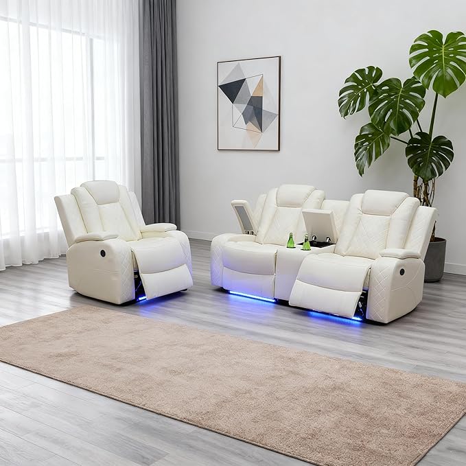 Power Reclining Sofa Sets for Living Room, Leather Recliner Sofa Set with LED Light, Cup Holder, Console Storage, Charging Pad for Home Theater Seating(Loveseat and Chair,Cream)