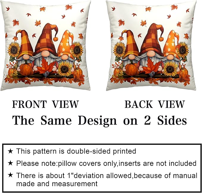 Fall Gnome Pillow Covers 20x20 Set of 2 Pumpkin Sunflower Maple Leaves Throw Pillow Covers Autumn Pillow Case Thanksgiving Cushion Case for Home Decor Couch Sofa