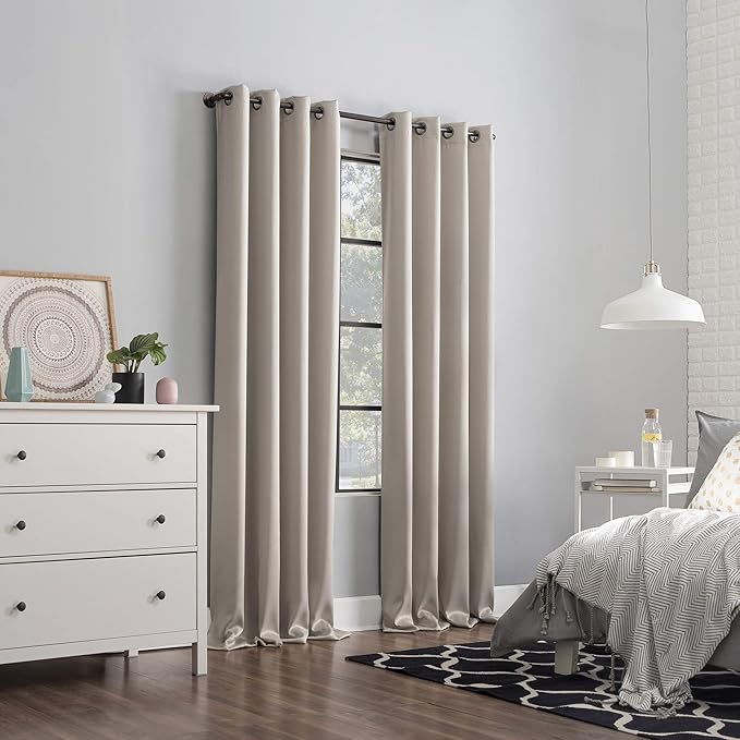 Sun Zero Nordic 2-pack Theater Grade Extreme 100% Blackout Grommet Curtain Panel Pair, 52" x 108", Stone