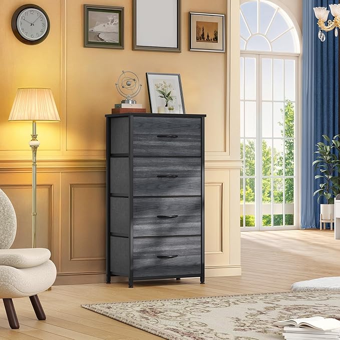 DWVO 4 Drawers Dresser, Dresser for Room, Fabric Storage Tower, Chest of Drawers, Organizer Unit for Closets, Living Room, Sturdy Steel Frame, Wooden Top, Easy Pull Fabric Bins