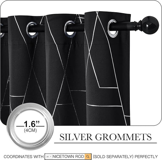 NICETOWN Blackout Curtains for Patio, Modern Foil Printed Geometric Line Home Decoration Thermal Insulated Grommet Blackout Drapes for Large Window Living Room (2 Panels, 52 inches x 95 inches, Black)