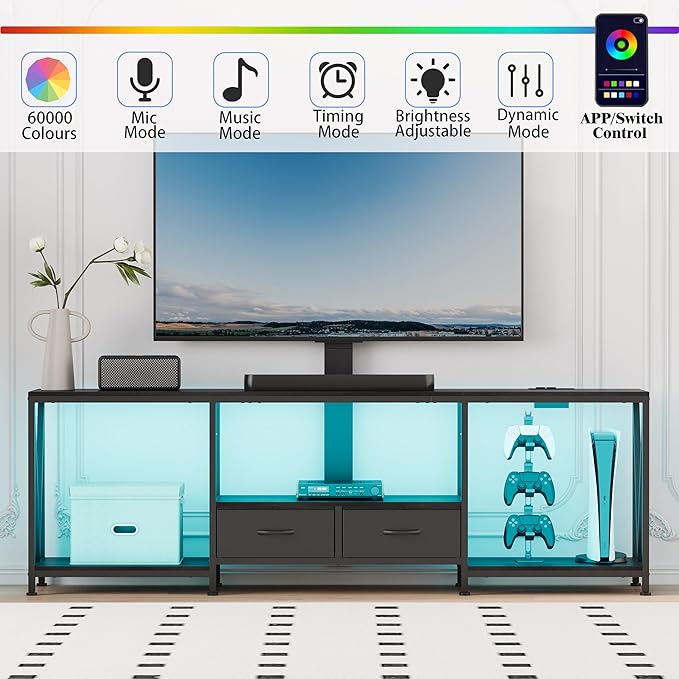 63" W TV Stand with Mount for 50,55,65,75" TV,Entertainment Center with Power Outlet and Led Lights,Height Adjustable TV Console Table with Open Storage Shelves and Fabric Drawers (Black)