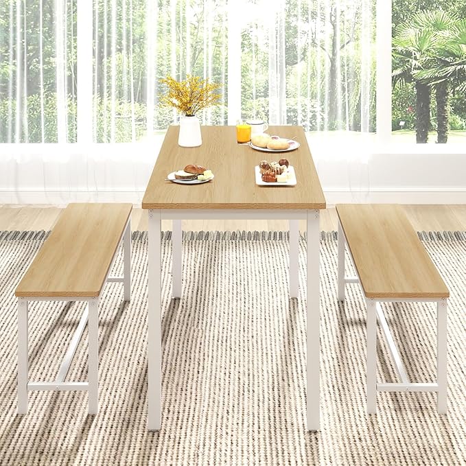 Rovibek 43" Dining Table Benches Set for 4, Modern Space Saving Kitchen Table Chairs & Adjustable Feet Breakfast Table 2 Benches, Wooden Industrial Style Farmhouse, White