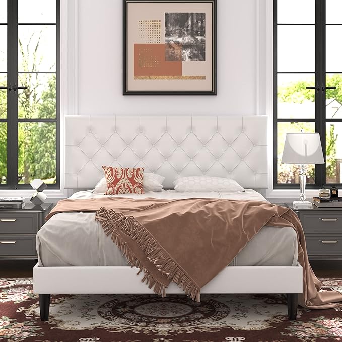 Allewie Full Size Platform Bed Frame, Adjustable Faux Leather Headboard with Diamond Stitch and Button Tufted, Sturdy Wood Slats, Easy-Assembly, No Box Spring Needed, Off-White