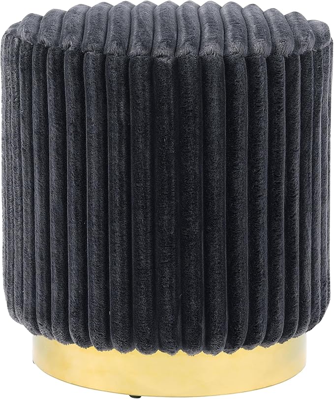 Furniture of America Vail Modern 17-inch Upholstered Ottoman with Channel Tufting and Gold Stainless Steel Base, Vanity Stool Chair, Small Foot Stool for Bedroom, Living Room, Entryway, Dark Grey