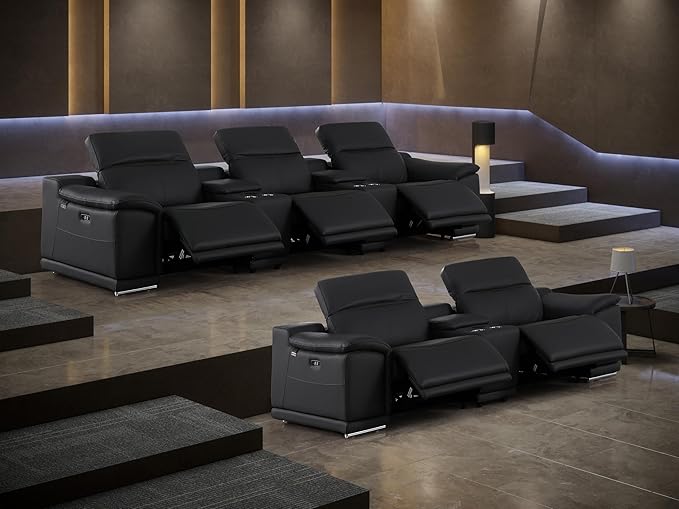 BlackJack Furniture Venice Top Grain Italian Leather Power Recline 8 Piece 5 Seater Sofa - 134" Theater Seating Modern Couch for Living Room Apartment with Adjustable Headrests & USB Port, Black