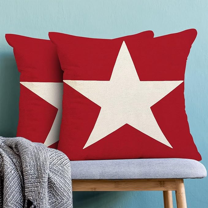 BETGINY 4th of July Pillow Covers 20x20 Set of 2, Patriotic Memorial Day Red Star Decorations Throw Pillow Covers Linen Farmhouse Independence Day Cushion Case for Couch Sofa Home Outdoor Decor