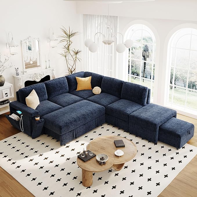 Ball & Cast 91" L-Shaped Modular Padded Cloud Sectional Fabric Sofa Set with Pull Out Bed, Convertible Sectional Couches w/Storage Space and USB Ports & Cup Holders on the Armrests,Blue